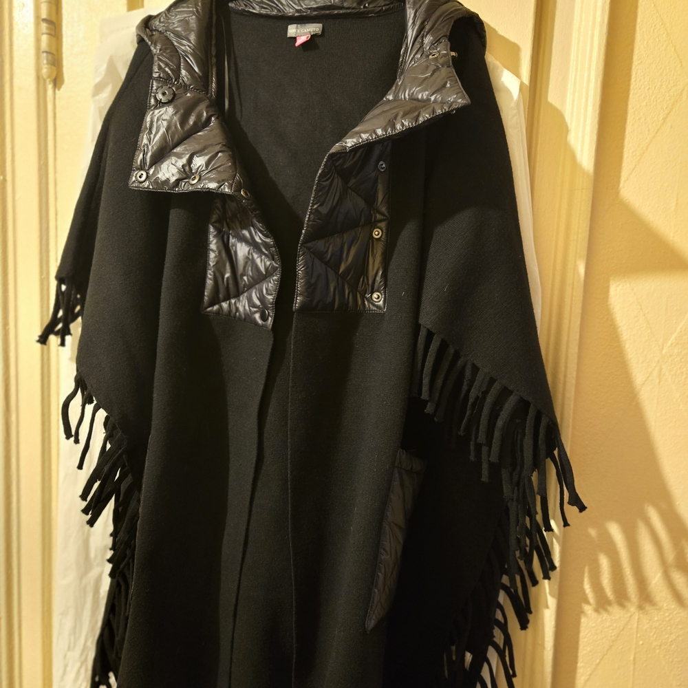 Vince Camuto Black Fringed Cape with Quilted Accents